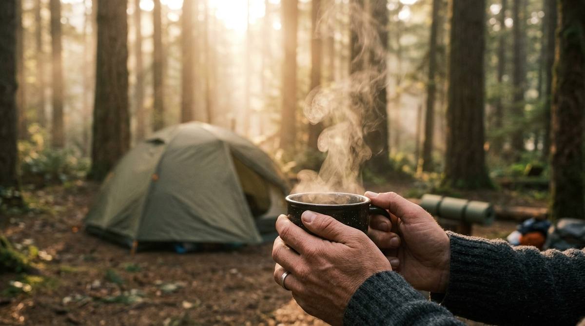 朝の森のキャンプ場で湯気の立つコーヒーを手にする様子