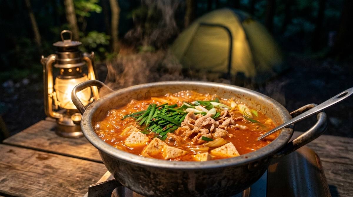 アルミ鍋で湯気の立つ豆腐チゲスープ 冬キャンプの定番