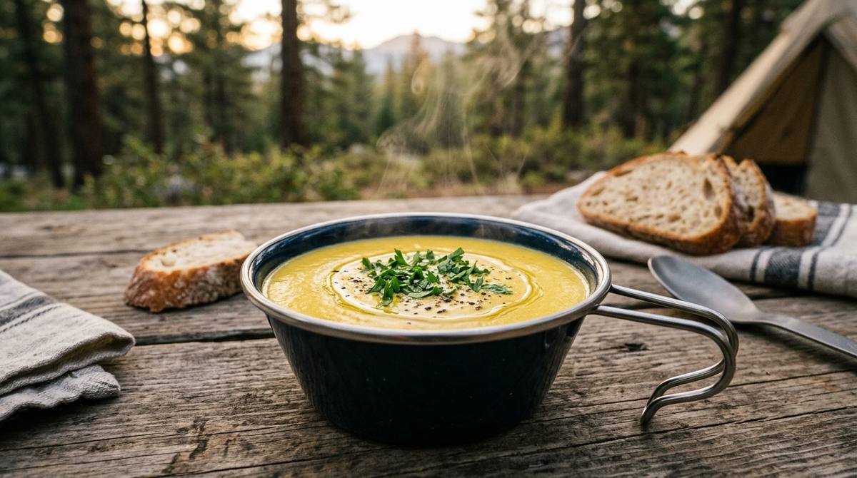 なめらかな黄色のコーンスープ 子どもも喜ぶキャンプの朝食