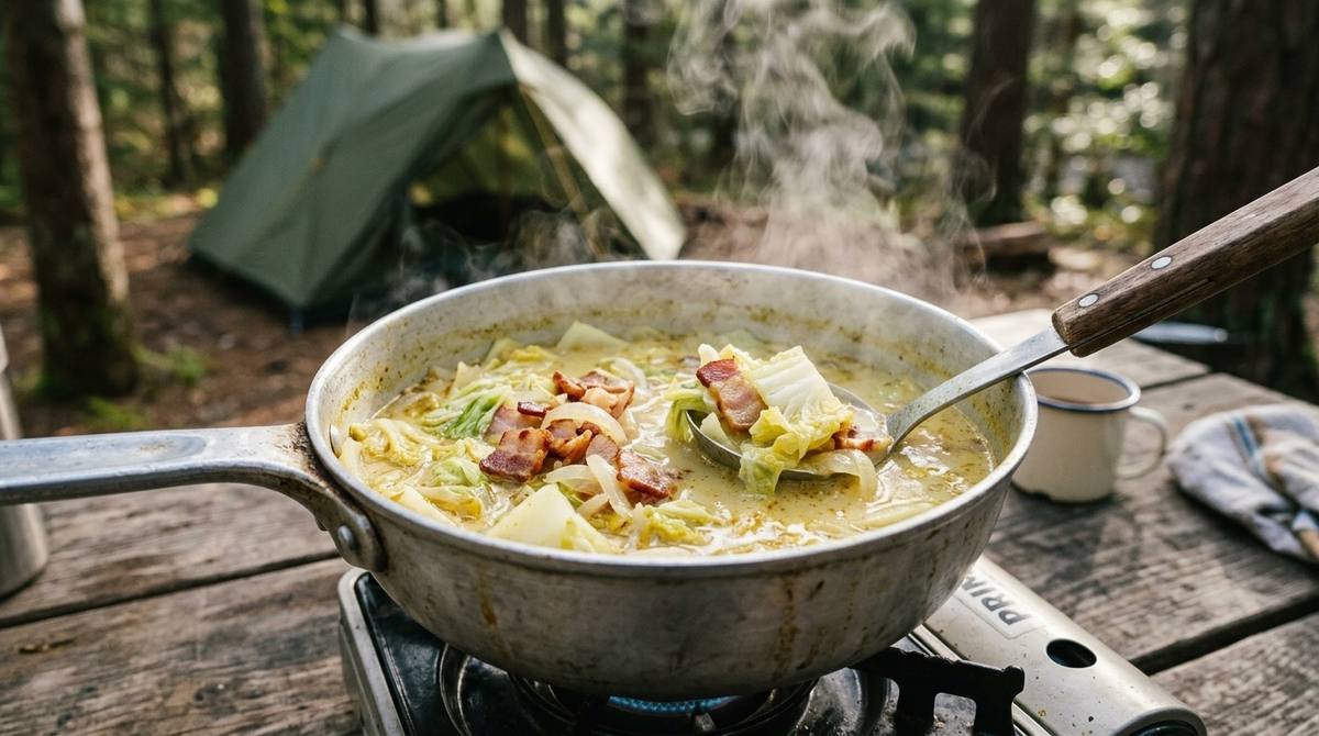 白菜とベーコンのカレー風味スープ 火を使うだけの簡単キャンプ飯