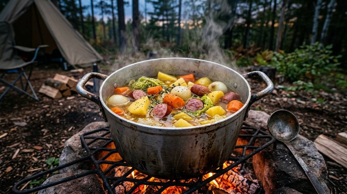 焚き火の鍋で煮込む野菜とソーセージのポトフ キャンプのスープ