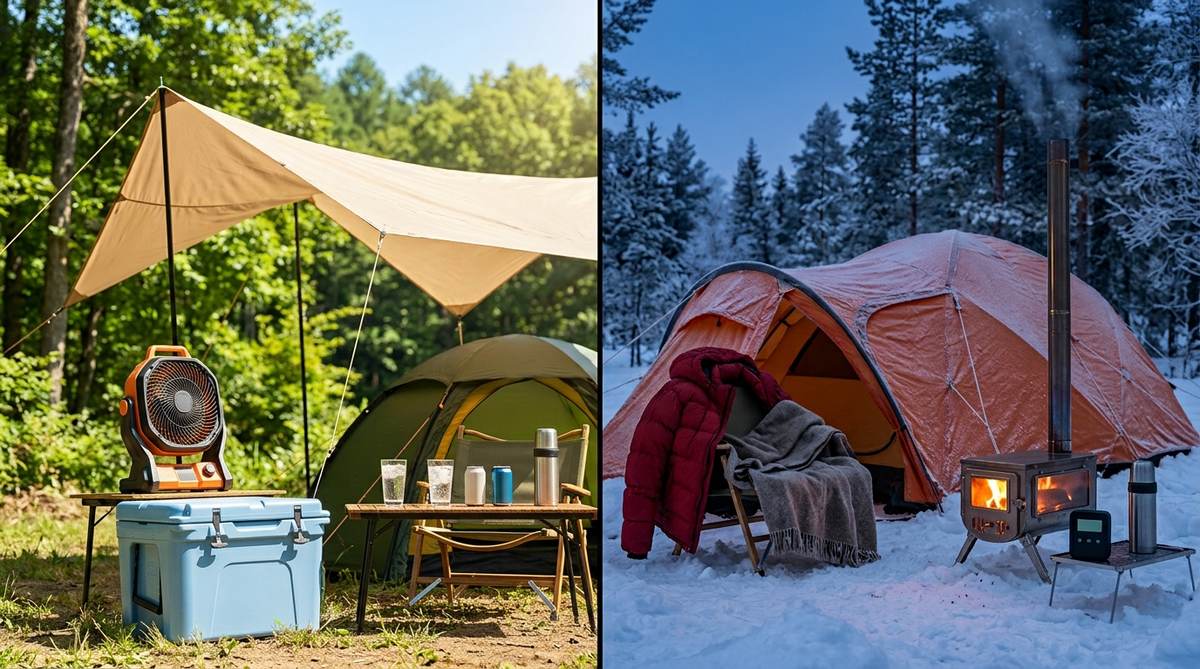 夏はタープと扇風機、冬は薪ストーブと防寒着。季節で変わるキャンプの持ち物の対比