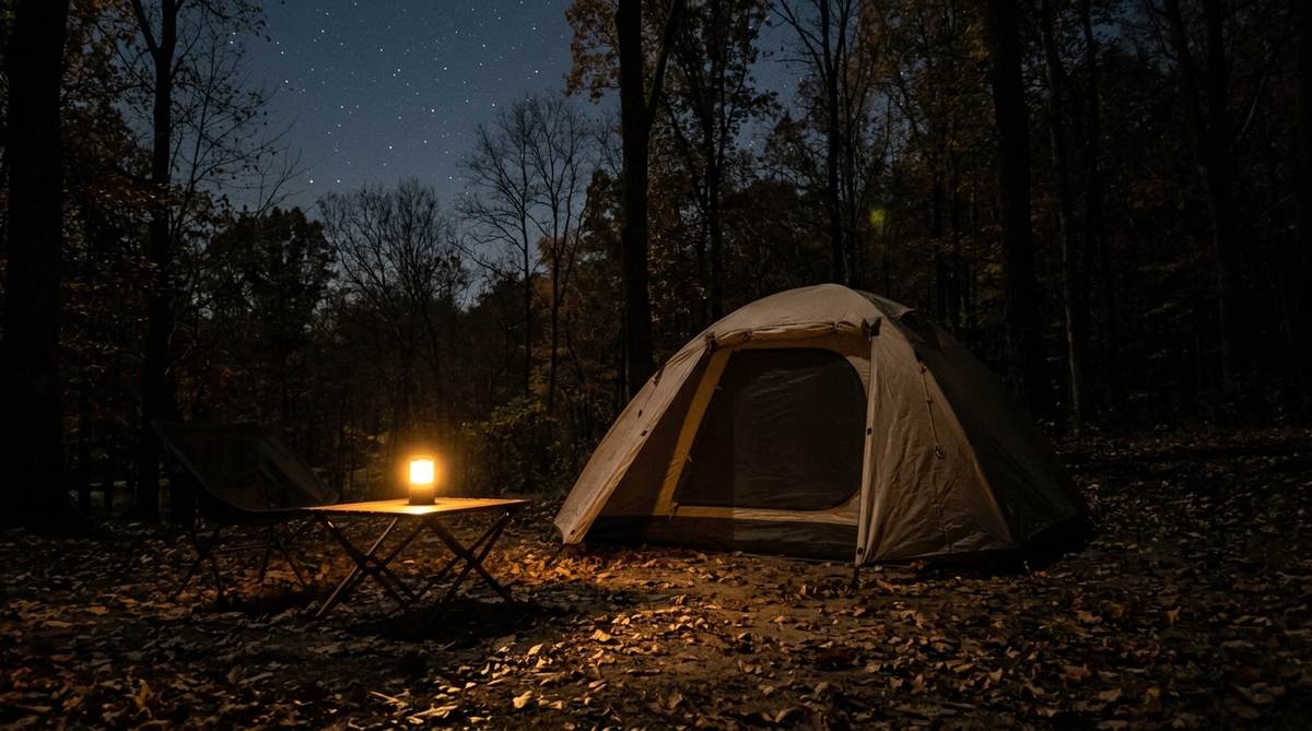夜のキャンプ場で、火の気のないテントの前のテーブルにLEDランタンだけが灯っている様子(イメージ)