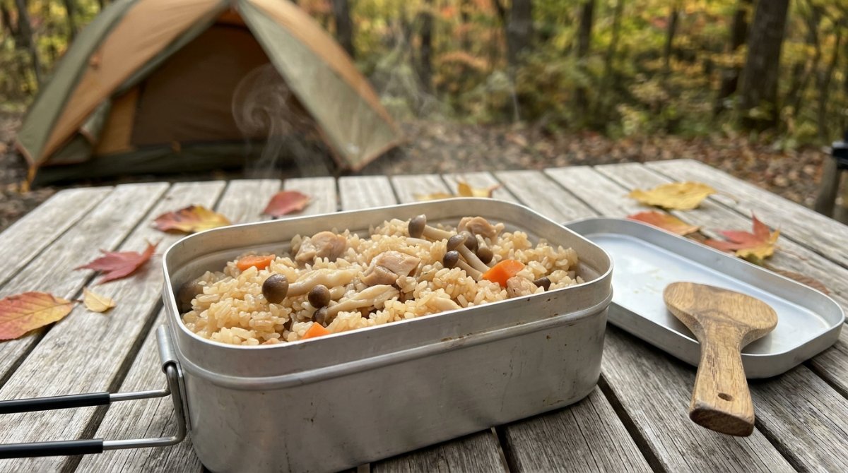 メスティンで炊いた、きのこと鶏肉の炊き込みご飯(イメージ)