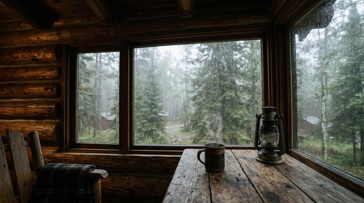 雨の日のコテージの窓辺。窓の外は雨の森で、テーブルにマグカップとランタン(イメージ)