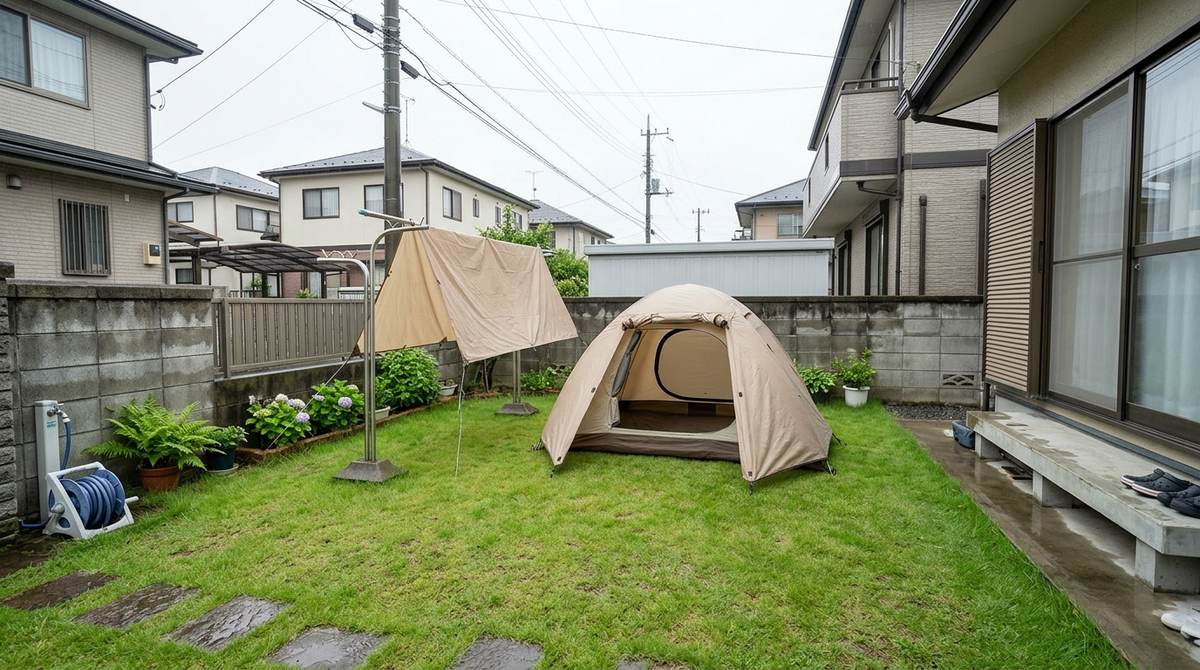 家の庭でテントを広げ、フライシートを物干しにかけて乾かしている様子(イメージ)