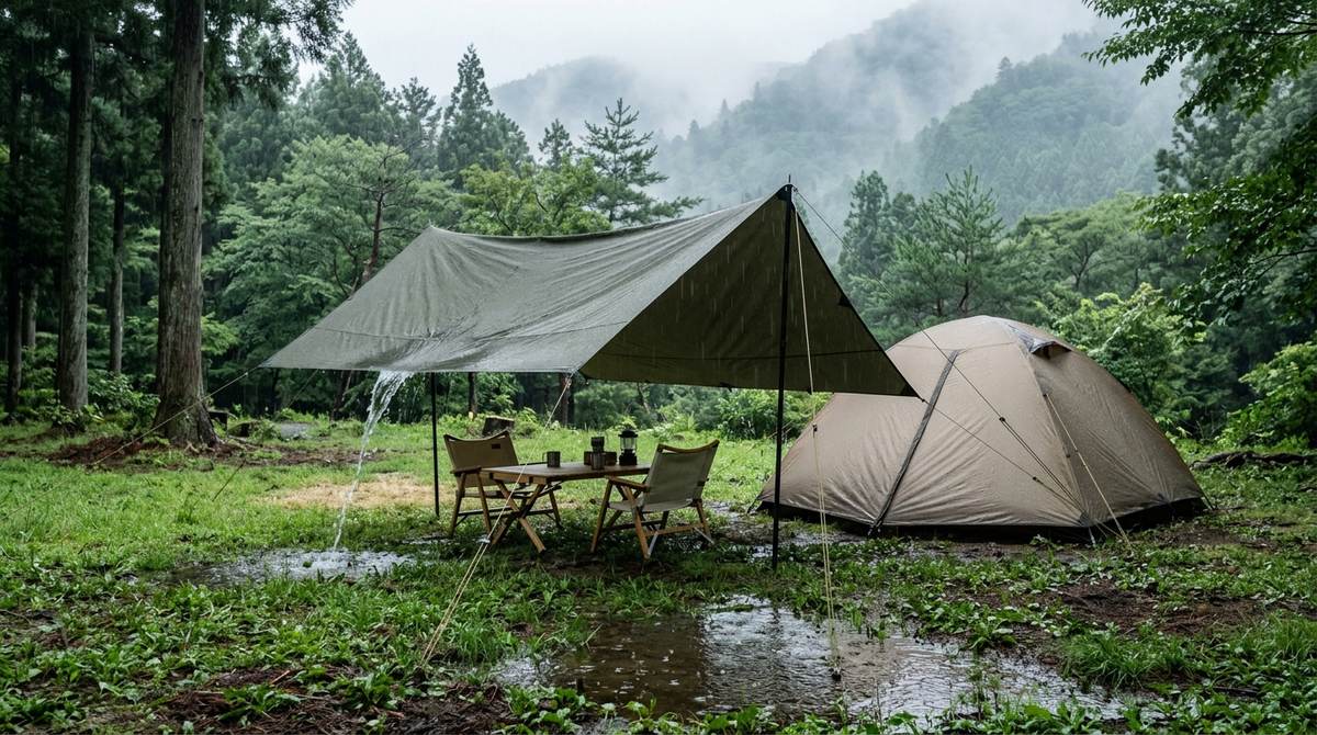 片側を低く張ったタープの端から雨水が流れ落ち、下のテーブルとチェアは濡れていない様子(イメージ)