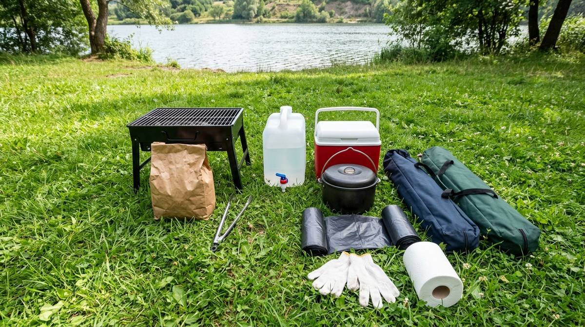 芝生に並べたデイキャンプの持ち物。BBQコンロ・炭・水のタンク・クーラーボックス・ゴミ袋・チェア・軍手など(イメージ)