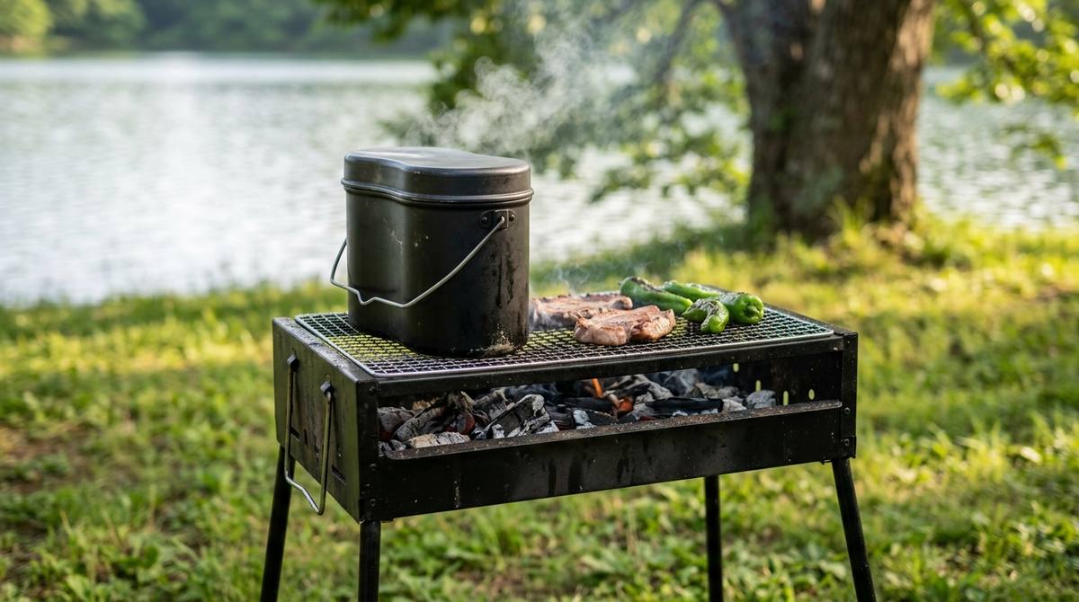 木から離れた芝生に置いた四つ足のBBQコンロ。網の上で飯盒と肉、ピーマンを焼いている(イメージ)
