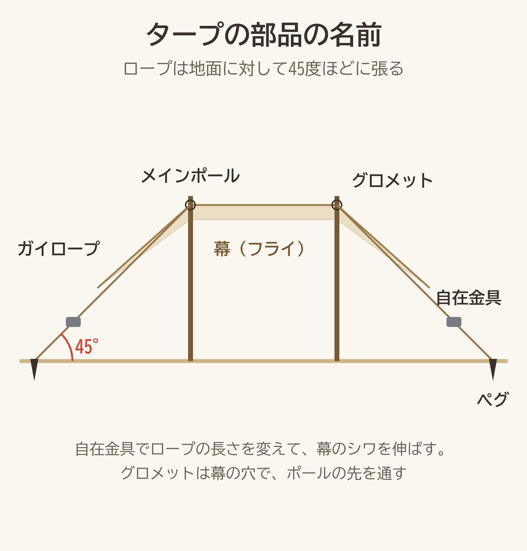 タープの部品の名前の図。メインポール、幕、グロメット、ガイロープ、自在金具、ペグ。ロープは45度に張る