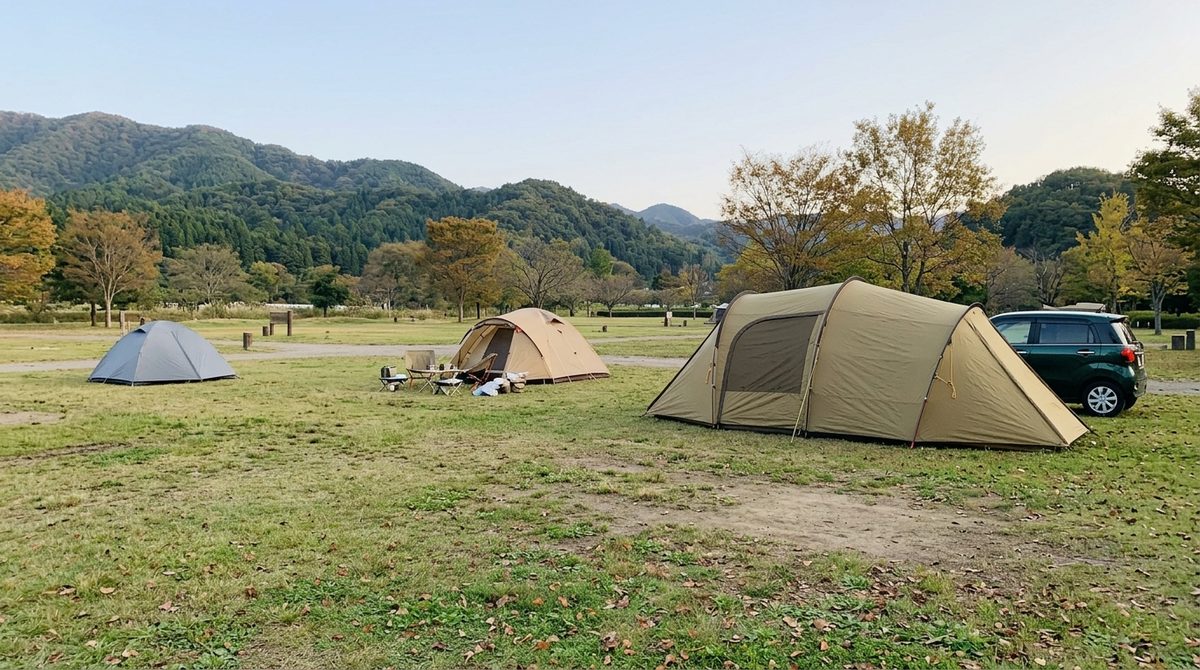 小さなドーム、中くらいのドーム、大きなツールームテントが並ぶ秋のオートキャンプ場(イメージ)
